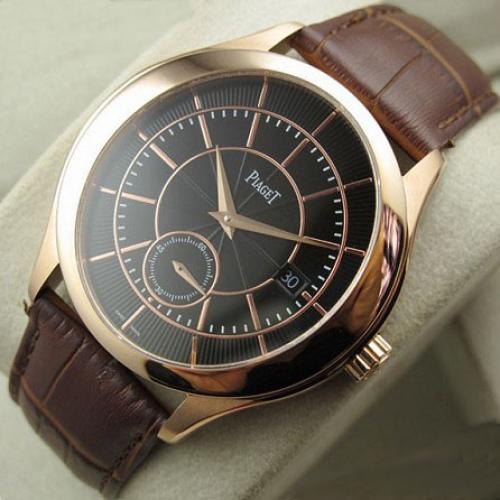 世界名表 伯爵Piaget Black Tie黑带系列机械男表 18K玫瑰金真皮表带大号黑面独立秒针男士手表 瑞士原装ETA2824机芯