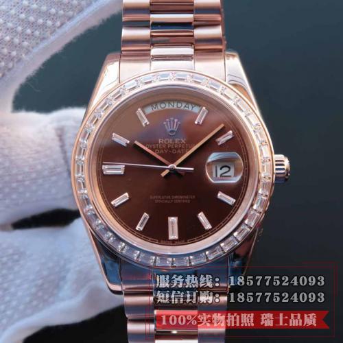 Rolex 劳力士 星期日历型系列218399 18K玫瑰金 棕盘 镶钻 男士自动上链机械表 香港组装 品质